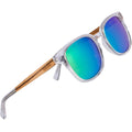 Clear Acetate Sunglasses with Polarized Green Lens in Wood Display Box
