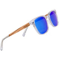 Clear Acetate Sunglasses with Polarized Royal Blue Lens in Wood Display Box