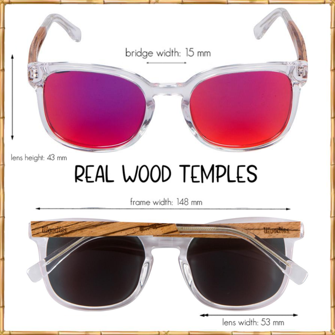 Clear Acetate Sunglasses with Polarized Red Lens in Wood Display Box