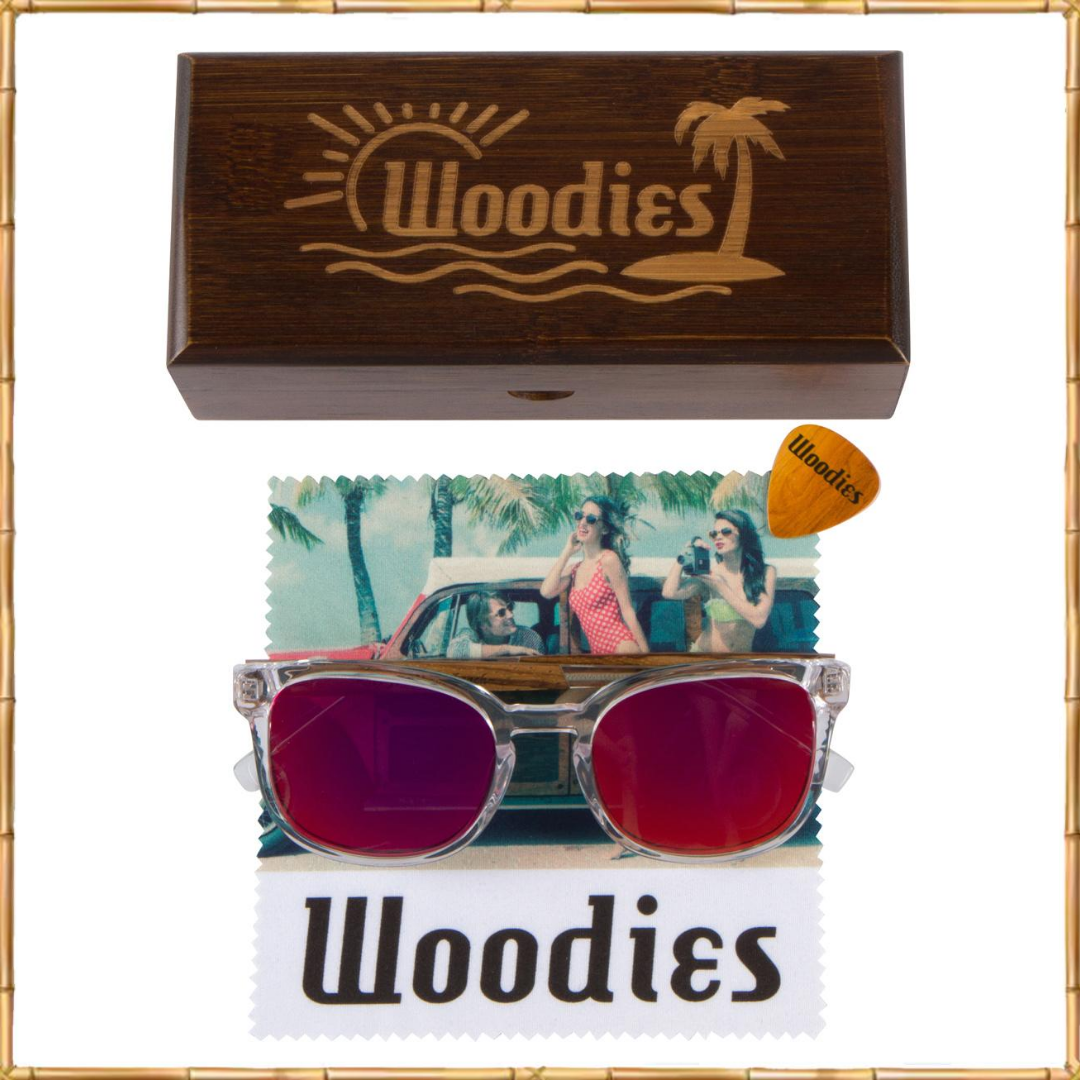 Clear Acetate Sunglasses with Polarized Red Lens in Wood Display Box