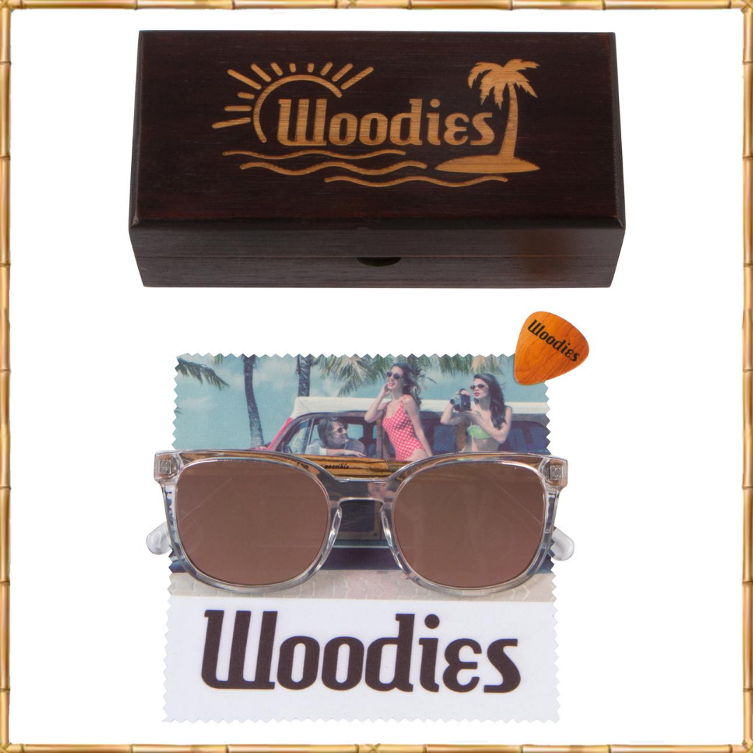 Clear Acetate Sunglasses with Polarized Pink Lens in Wood Display Box