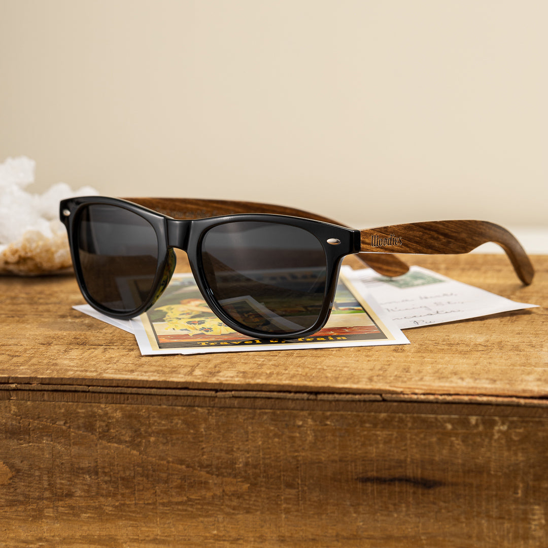 Walnut Wood Sunglasses with Black Flat Mirror Polarized Lens