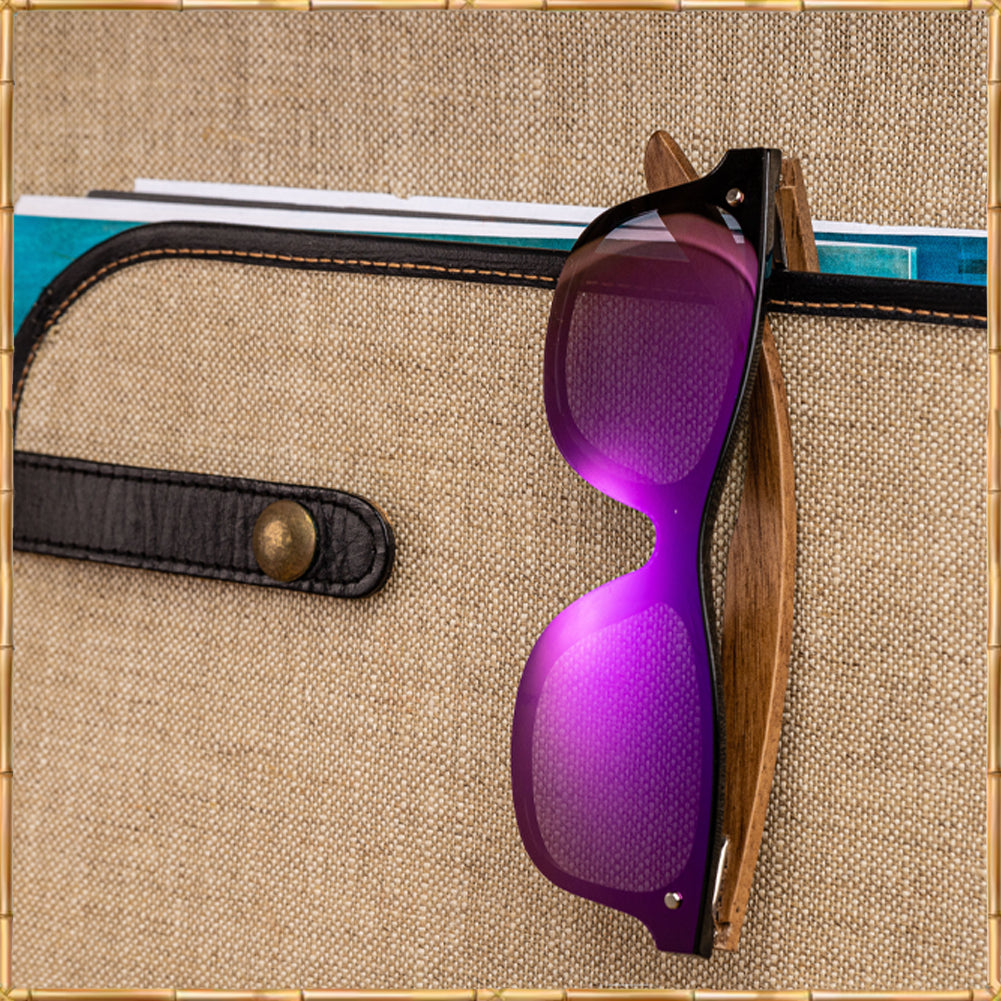 Walnut Wood Sunglasses with Flat Mirror Polarized Purple Lens