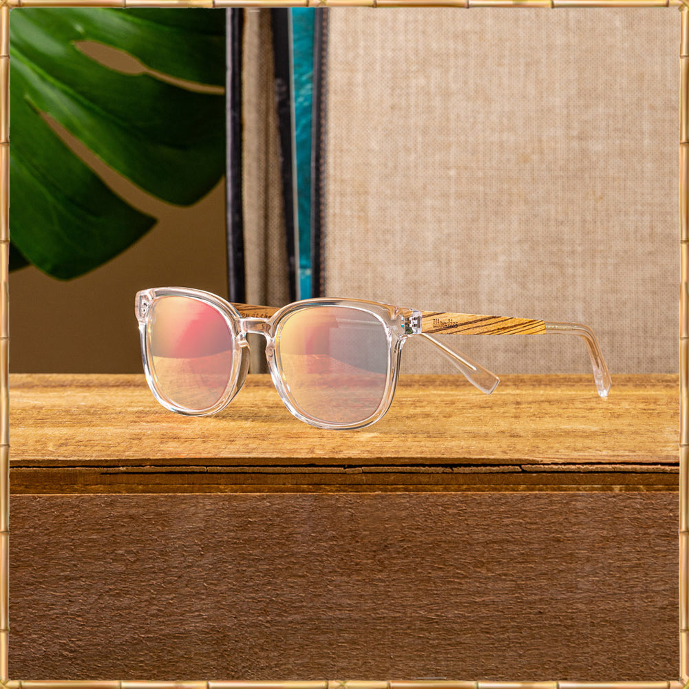 Clear Acetate Sunglasses with Polarized Pink Lens in Wood Display Box