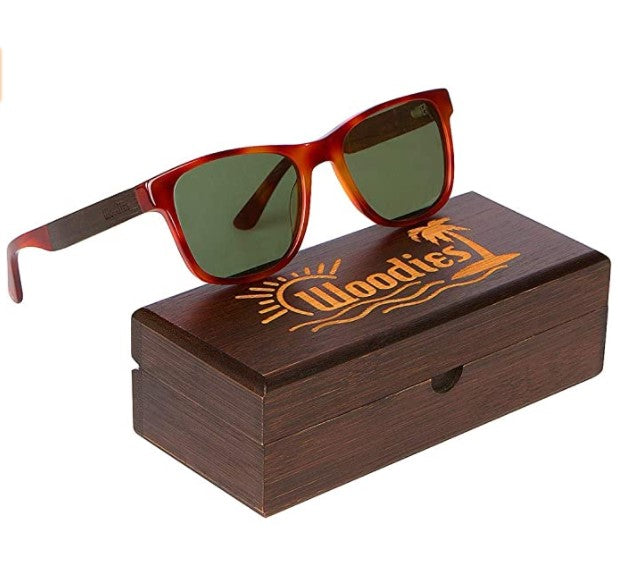 Woodies Red Smog Acetate Walnut Wood Sunglasses with Green Lens