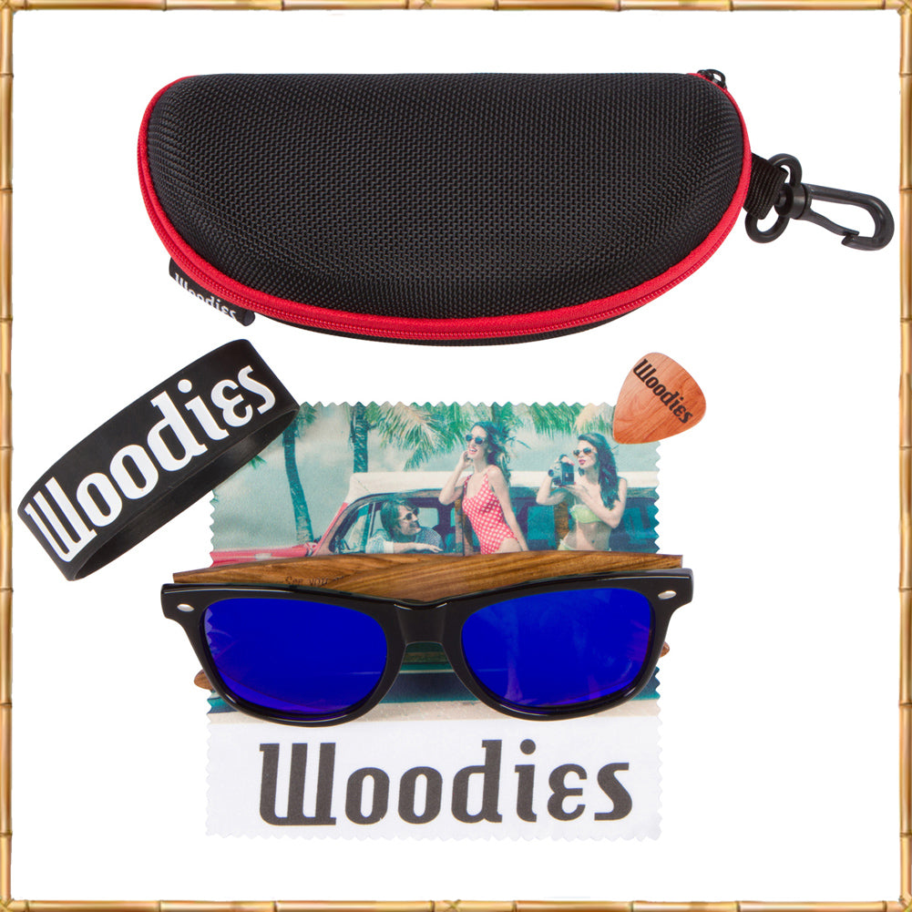 Zebra Wood Sunglasses with Blue Mirror Polarized Lens