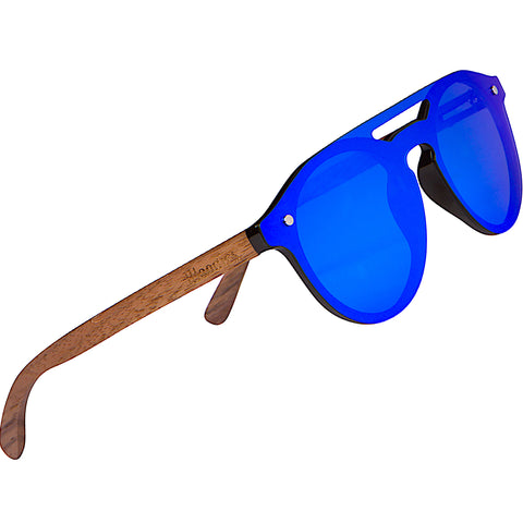 Walnut Wood Sunglasses with Flat Blue Mirror Polarized Lens