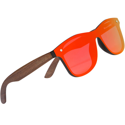 Walnut Wood Sunglasses with Flat Red Mirror Polarized Lens