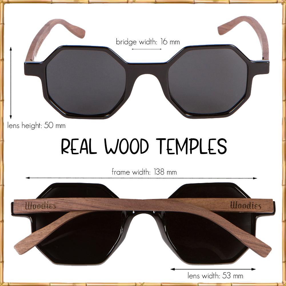 Walnut Wood Hexagon Sunglasses with Black Polarized Lenses for Men or Women