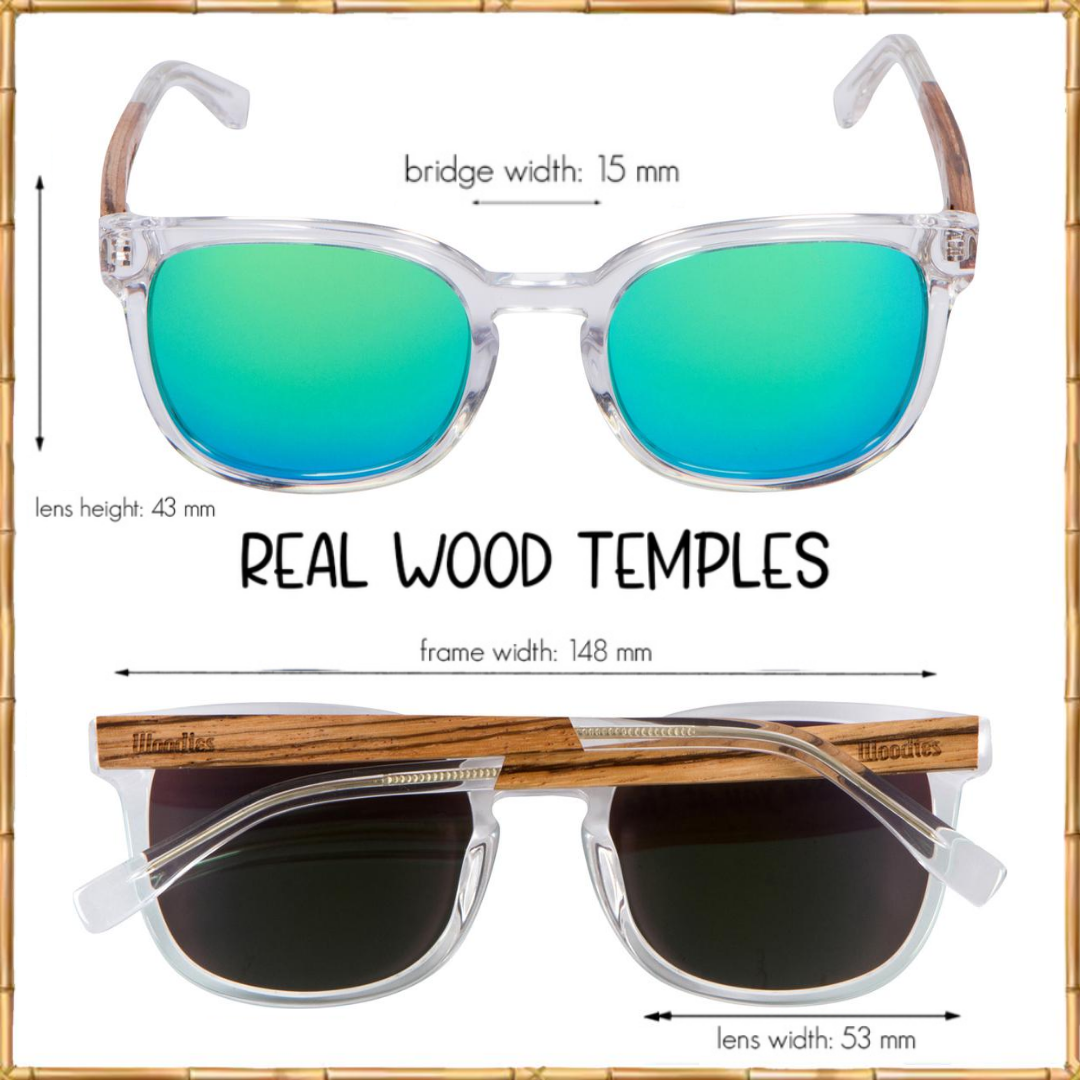 Clear Acetate Sunglasses with Polarized Green Lens in Wood Display Box