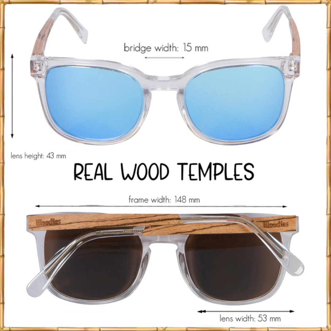 Clear Acetate Sunglasses with Polarized Blue Lens in Wood Display Box