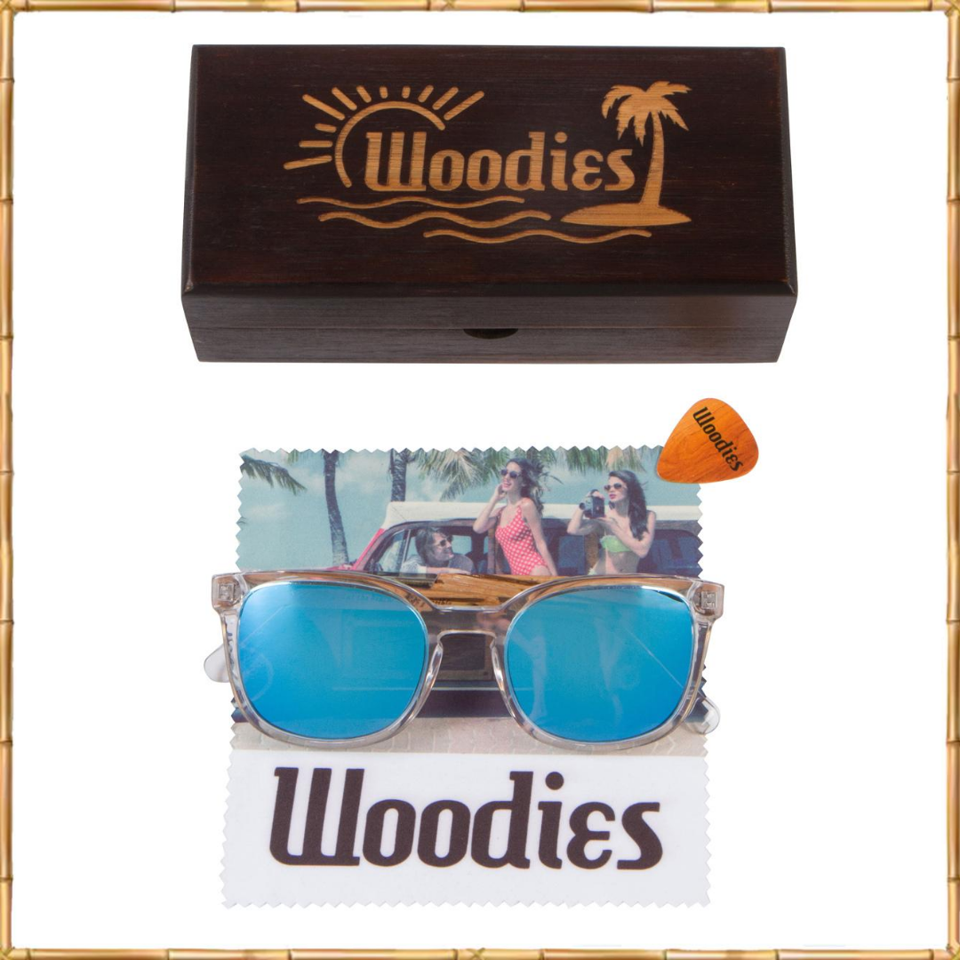 Clear Acetate Sunglasses with Polarized Blue Lens in Wood Display Box