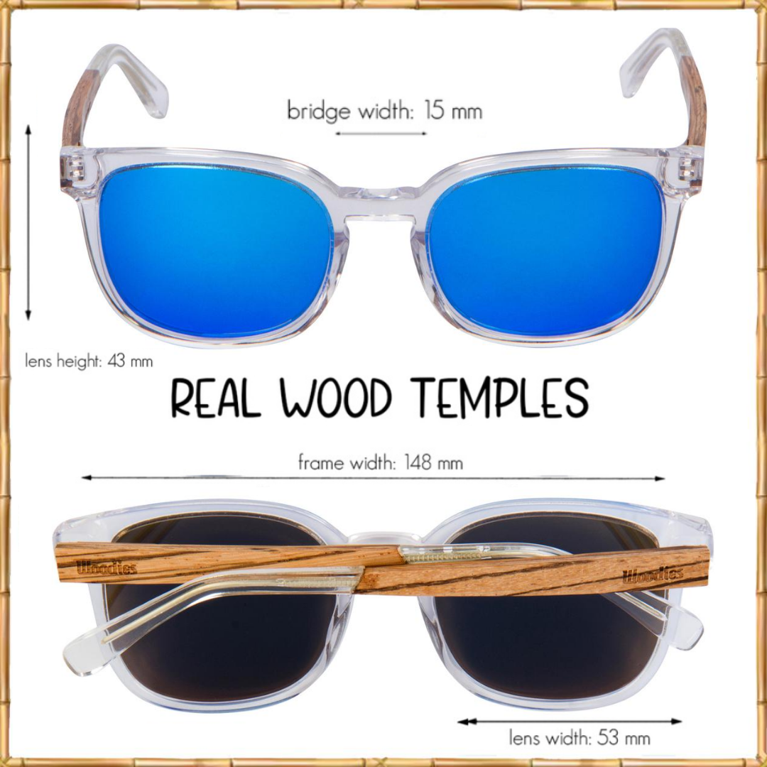 Clear Acetate Sunglasses with Polarized Royal Blue Lens in Wood Display Box