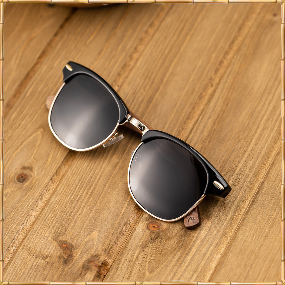 Walnut Wood Half-Rim Sunglasses with Polarized Lens