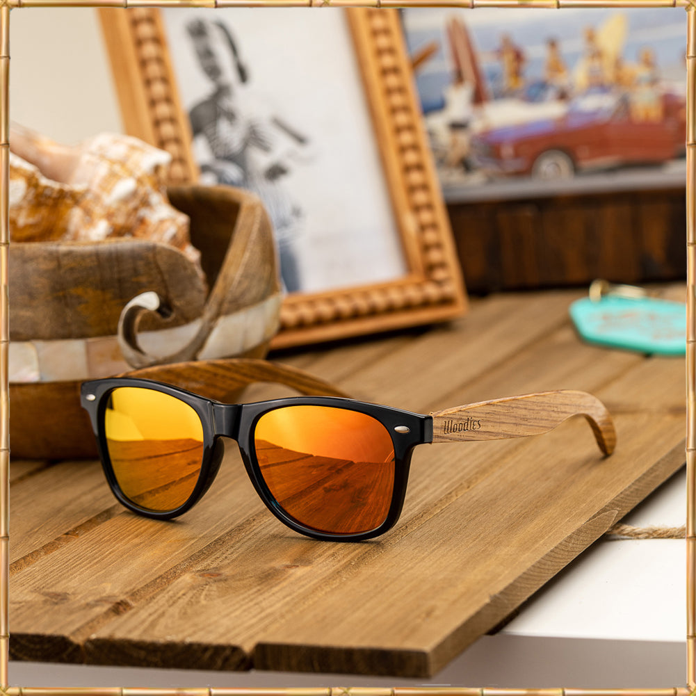 Zebra Wood Sunglasses with Red Mirror Polarized Lens at Woodies