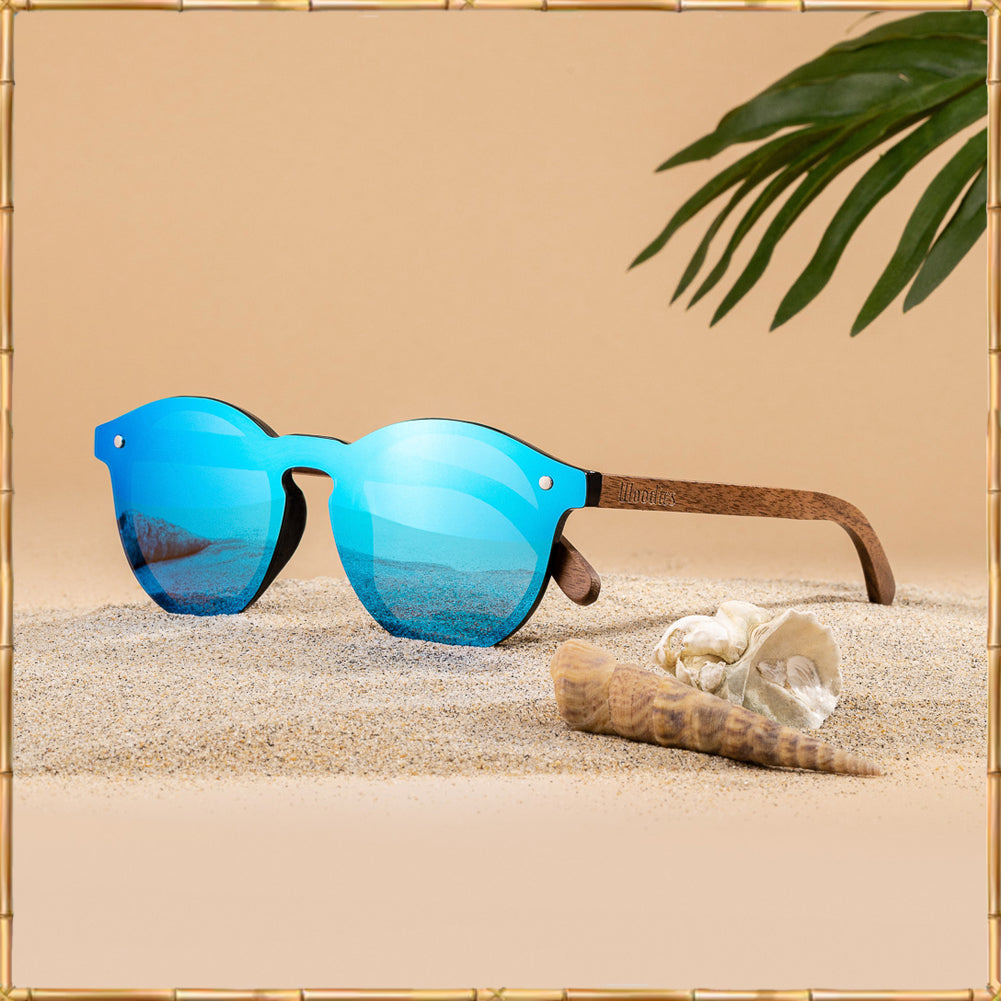 Walnut Wood Foster Style Sunglasses with Flat Blue Mirror Polarized  Lens