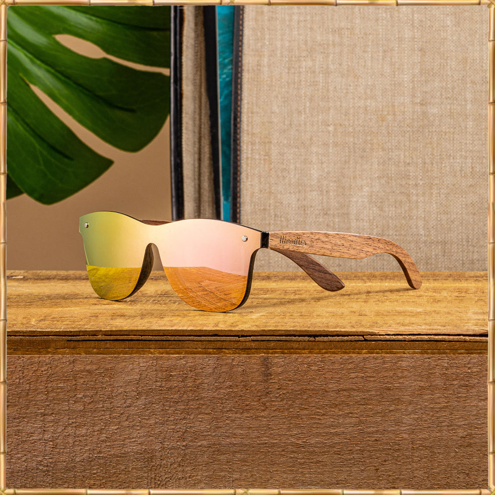 WOODIES Walnut Wood Sunglasses with Flat Mirror Polarized Lens (Pink)