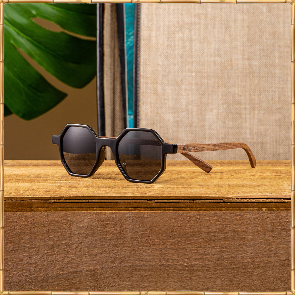 Walnut Wood Hexagon Sunglasses with Black Polarized Lenses for Men or Women