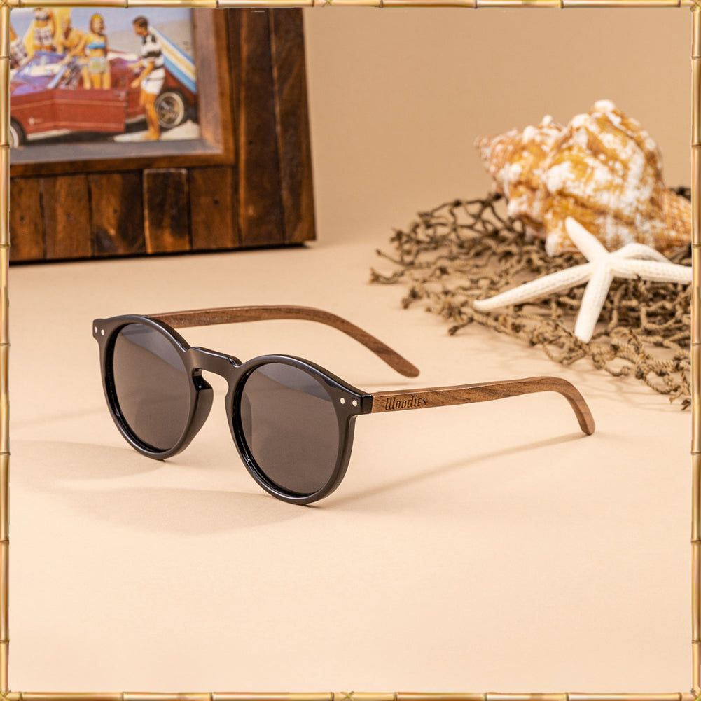 Foster Style Walnut Wood Sunglasses with Round Polarized Lens