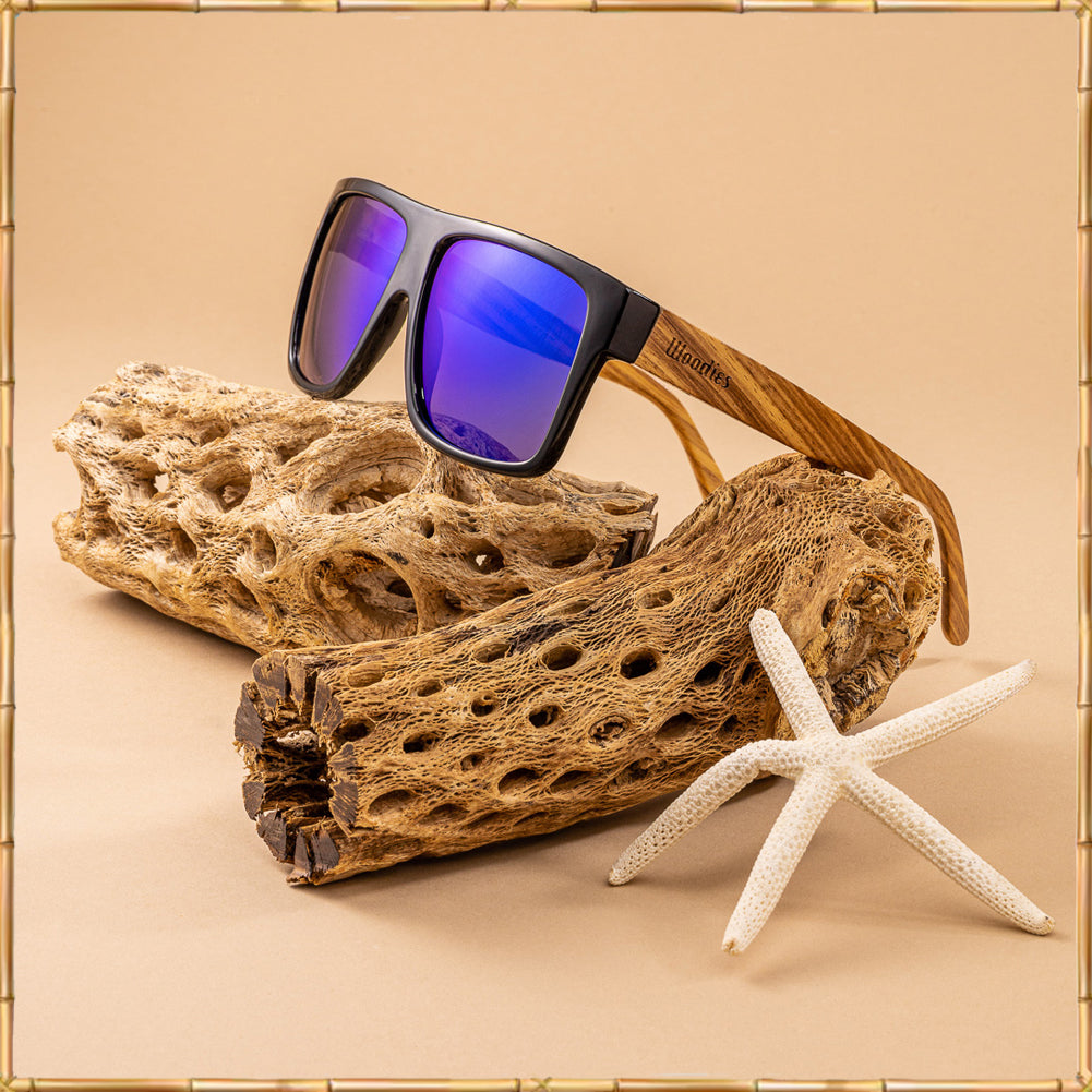 Zebra Wood Wrap Sunglasses with Blue Polarized Lenses