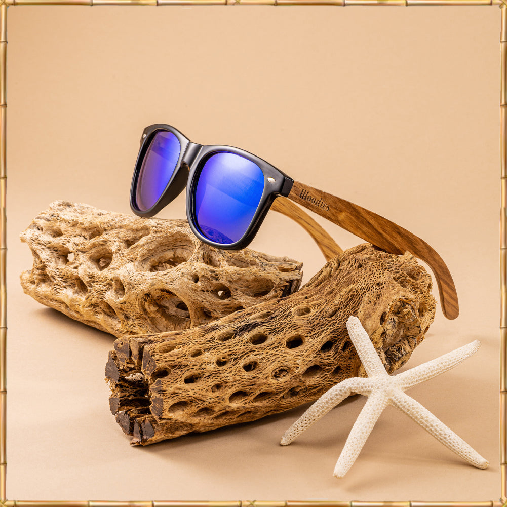 Zebra Wood Sunglasses with Blue Mirror Polarized Lens